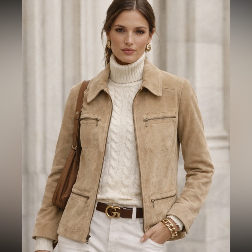 Vintage Suede Zip Front Jacket with Zip Pockets, Buff, Cream, Tan, Fully lined M